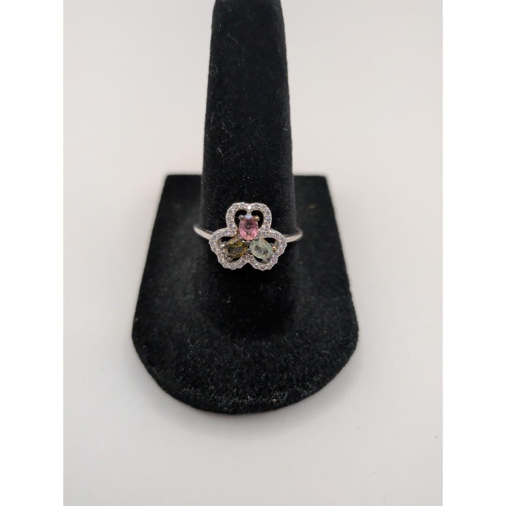 925 Sterling Silver Natural Pink And Green Tourmaline Clover Cluster Ring Size 8